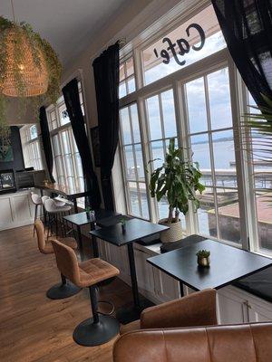 Plenty of seating including this cool bar at the window overlooking the town docks.