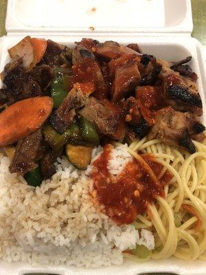 Pepper Steak and Bourbon Chicken, with steamed rice and chow mein.