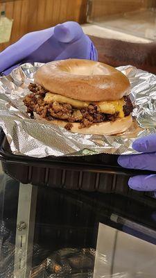 Steak egg and cheese on a bagel