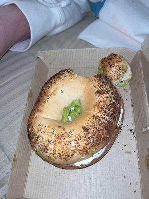 Small roach can be see next to a seed below to hole of the bagel. Hair is also present at the top.