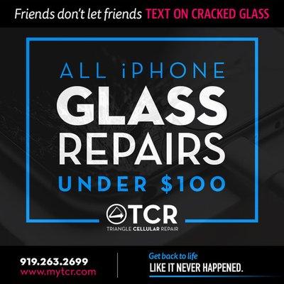 ALL iPhone Glass Repairs Now Under $100! Friends don't let friends text on cracked glass. Let us help you - book an appointment to get your