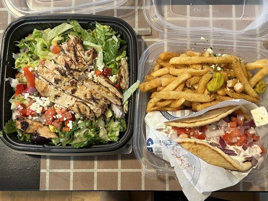 Chicken Greek salad and Big Greek Bifteki Pita with Greek Fries.