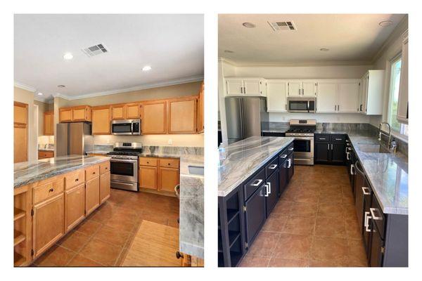 Kitchen before on left and after on right. New paint and door/drawer pulls