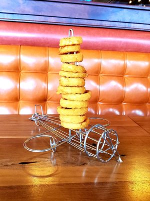 Sky High Onion Rings- comes with Cheddar and House-Made Maple Dijon BBQ Side Sauces