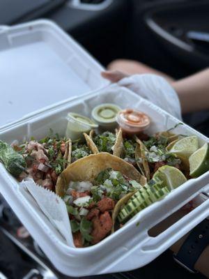 Shrimp, Al Pastor and Carnitas Tacos