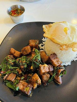 Crispy pork basil with rice