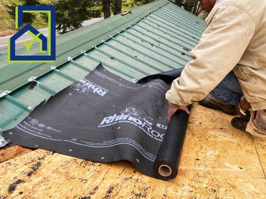 Rhino Roof synthetic underlayment (more tear and weather resistant than felt)