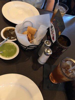 Chips and two salsas greet you @ Corralito.