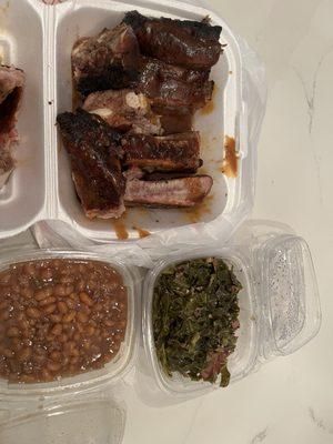 Ribs, baked beans, collard greens