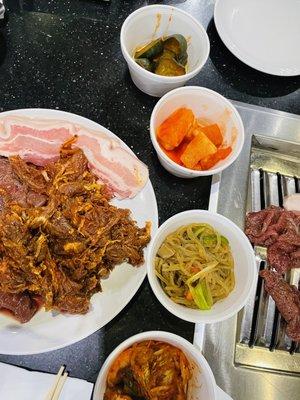 Meat and Banchan. The Kimchi was really good!