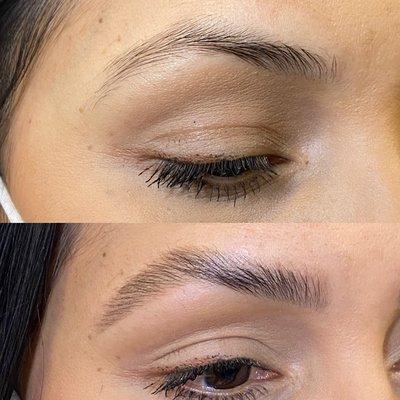 Top- Before Bottom- After. Brow lamination.  Follow me @lorena_browsandbeauty