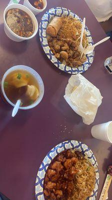 Generals tso chicken and orange chicken with hot and sour soup and wonton soup and pork rice.