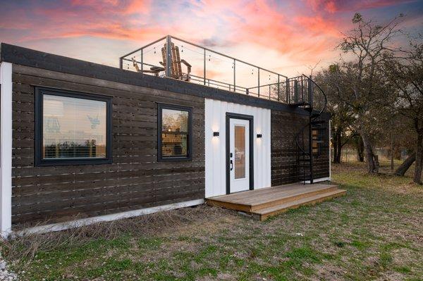 Container style custom tiny home vacation rental in Waco, Texas