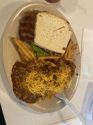 Gluten free BLT with chili cheese fries