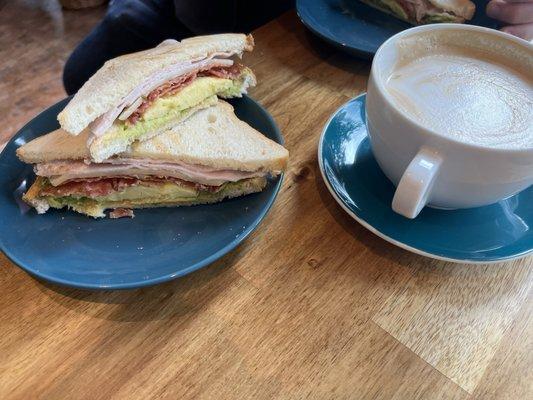 Breakfast sandwich and a lavender latte, delicious.