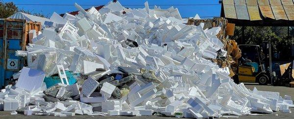 Literal mountain of  donated styrofoam prior to being processed and shipped out..