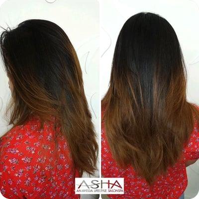 Beautiful custom balayage and layering done at Asha SalonSpa, the best Aveda salon in Rockford, Illinois.