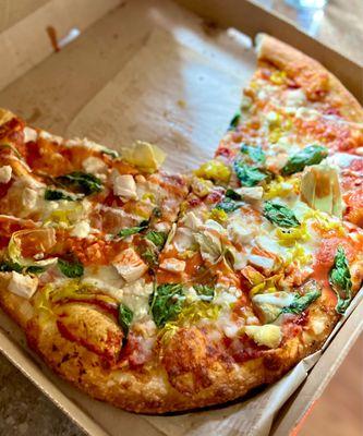 Build Your Own Pizza (Large) - with chicken, spinach, banana peppers, feta, Frank's Hot drizzle and ranch drizzle - so good!