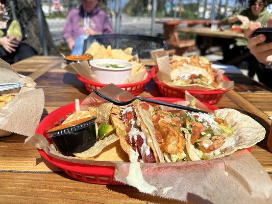 Poke taco, battered fish taco, grilled shrimp taco