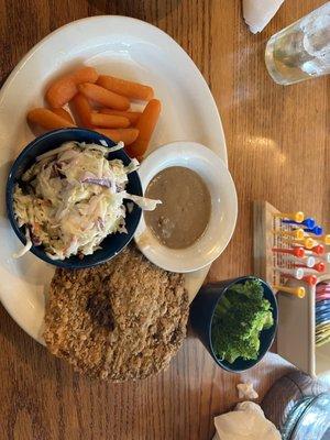 Country Fried Steak,coleslaw,carrots,brown gravy,broccoli(biscuit can't be seen)