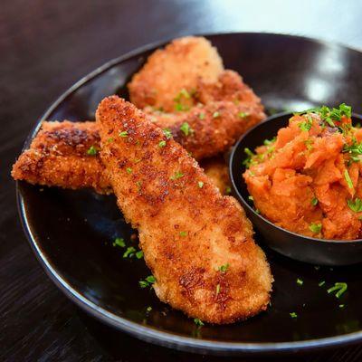 Chicken Fingers With Smoked Sweet Potato Dip