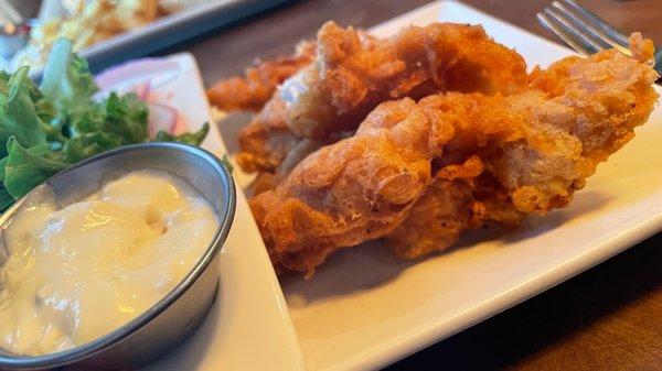 Chicken & Chips were beer battered and tender