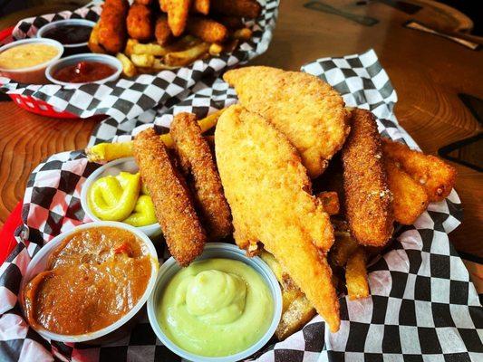 The Combo Basket! Really good! Two chicken tenders, two mozzarella sticks, and five fried zucchini.