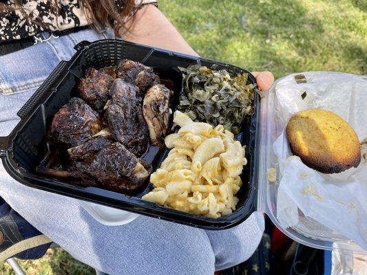 Enjoyed my Jerk Chicken Dinner at Pasadena Central Park.  With collard green, mac n cheese, and a corn bread.