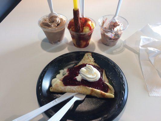 Berry lime crepe, abuelita ice cream, mango blaze and chocolate ice cream.