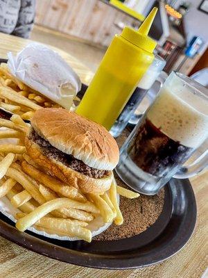 Loose meat sandwiches, fries and homemade pickle mustard and root beer