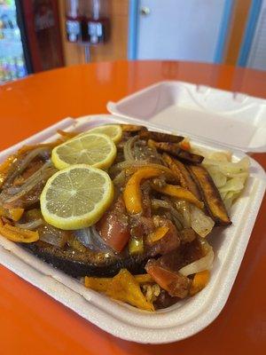 King fish rice and peas cabbage & plantains