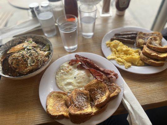 Loco Moco, French Toast and 2 Eggs with Bacon, & French Toast and Scrambled Eggs with Sausage!