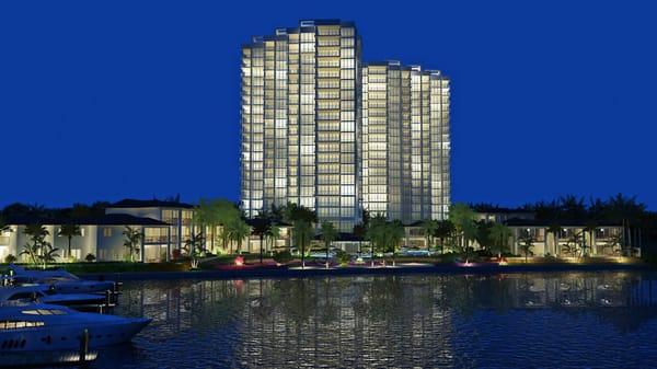 The newest luxury condo construction in North Palm Beach. Night time rendering of Water Club North Palm Beach.