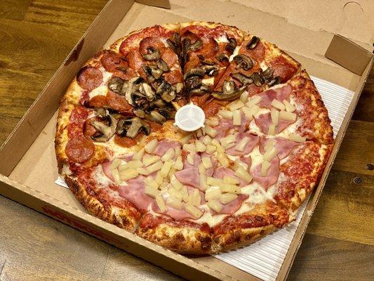 Large (1/2 Pepperoni & Mushroom, 1/2 Canadian Bacon & Pineapple)