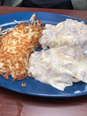 the country Benedict, English muffin topped with sausage & egg, with plenty of delicious gravy! He chose the hashbrowns as his potato.