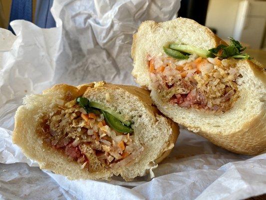 Veggie banh mi uses shredded tofu -- my fave kind of veg protein!