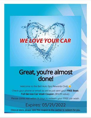 Image of email from Bell Auto Spa for the free car wash that does not exist. Clean@bellautospa.com