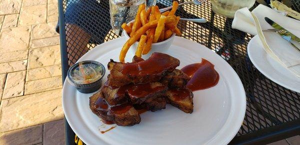 Dry and old ribs covered with BBQ sauce