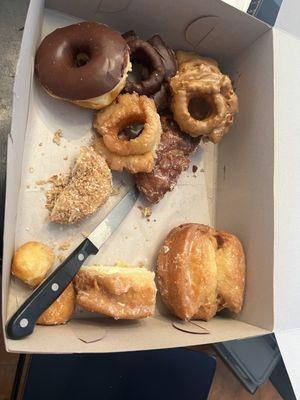 Delicious donuts almost gone! Buttermilk glazed was so moist and yummy! The fritter was was really good.