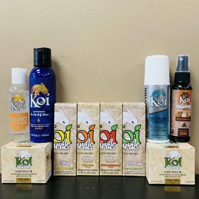 Koi CBD tinctures (250mg, 500mg, 1000mg, or 2000mg), balms (500mg or 1000mg), hand sanitizer, lotion (200mg), pet spray (500mg)