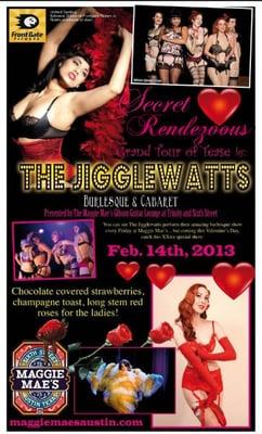 February at The Gibson Lounge-Maggie Mae's, The Jigglewatts Burlesque Revue Presents "Secret Rendezvous"