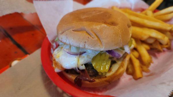 Royal Burger with fried egg visible