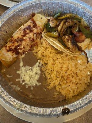 Fish taco, cheese and onion enchilada, rice and beans