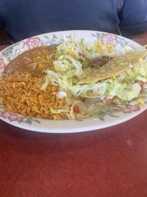 Shredded beef taco with rice and beans