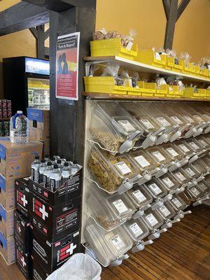 Bulk snack wall - granola, plantain chips, dried fruit, nuts