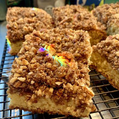 Coffee cake catching a little sun in the window crystals.