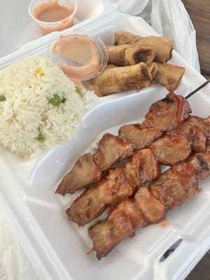 BBQ pork with rice, and lumpia