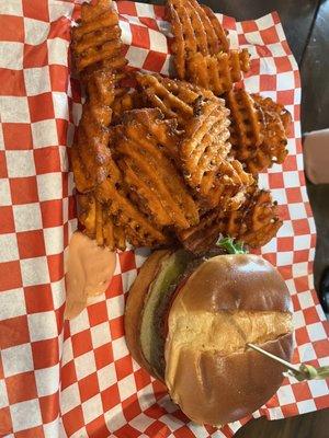 Burger Sweet potato waffle fries