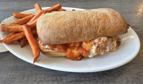 Meatball sub $15 with $2 up charge for sweet potato fries