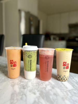 Thai milk tea, mochi matcha frostie, strawberry jasmine tea, mango green milk tea